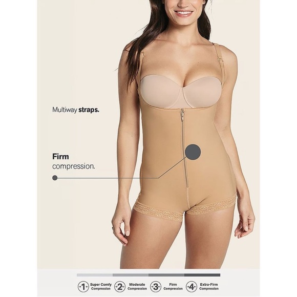 🆕Leonisa Power Slim Bodysuit Body Shaper Boy Short Beige Lace Zipper Braless - Picture 3 of 6